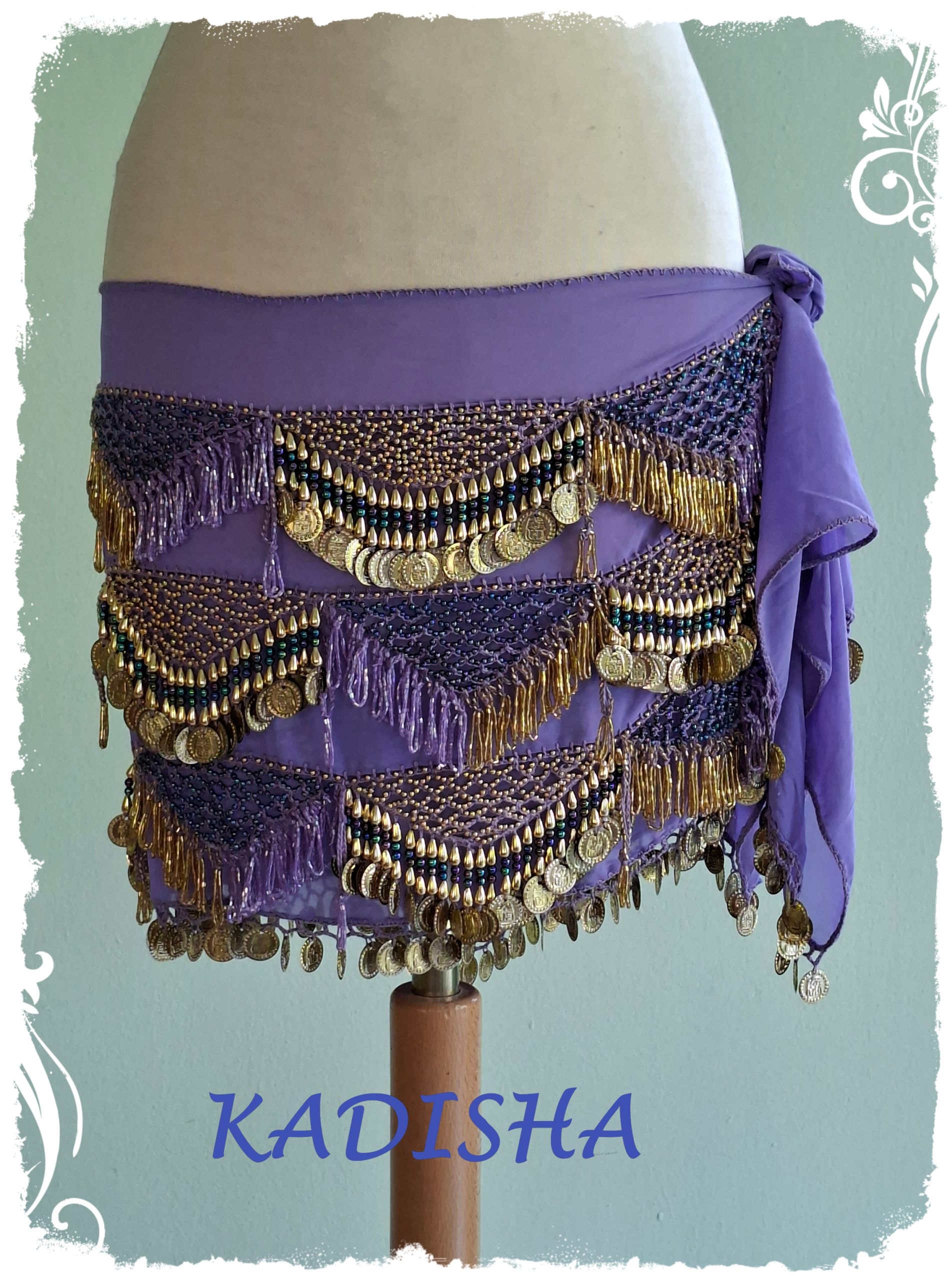 Hüfttuch aus Chiffon in flieder, mit goldenen und irisierenden Perlen und goldenen Münzen, Größe XL