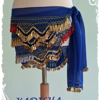 Hüfttuch aus Chiffon in dunkelblau, mit goldenen und farbig irisierenden Perlen und goldenen Münzen, Größe XL