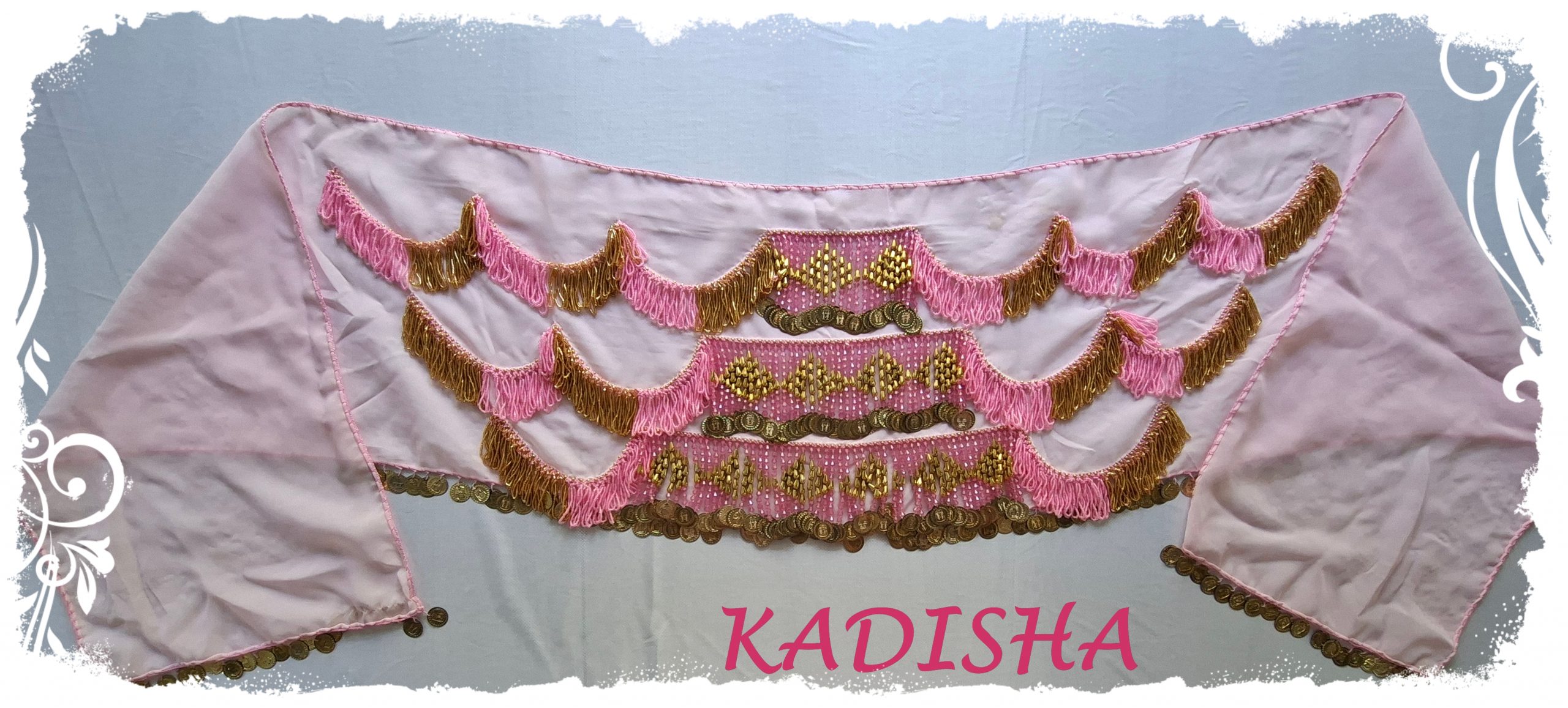 Hüfttuch in zartem rosa mit goldenen Perlen und Münzen, Größe M – Bild 2