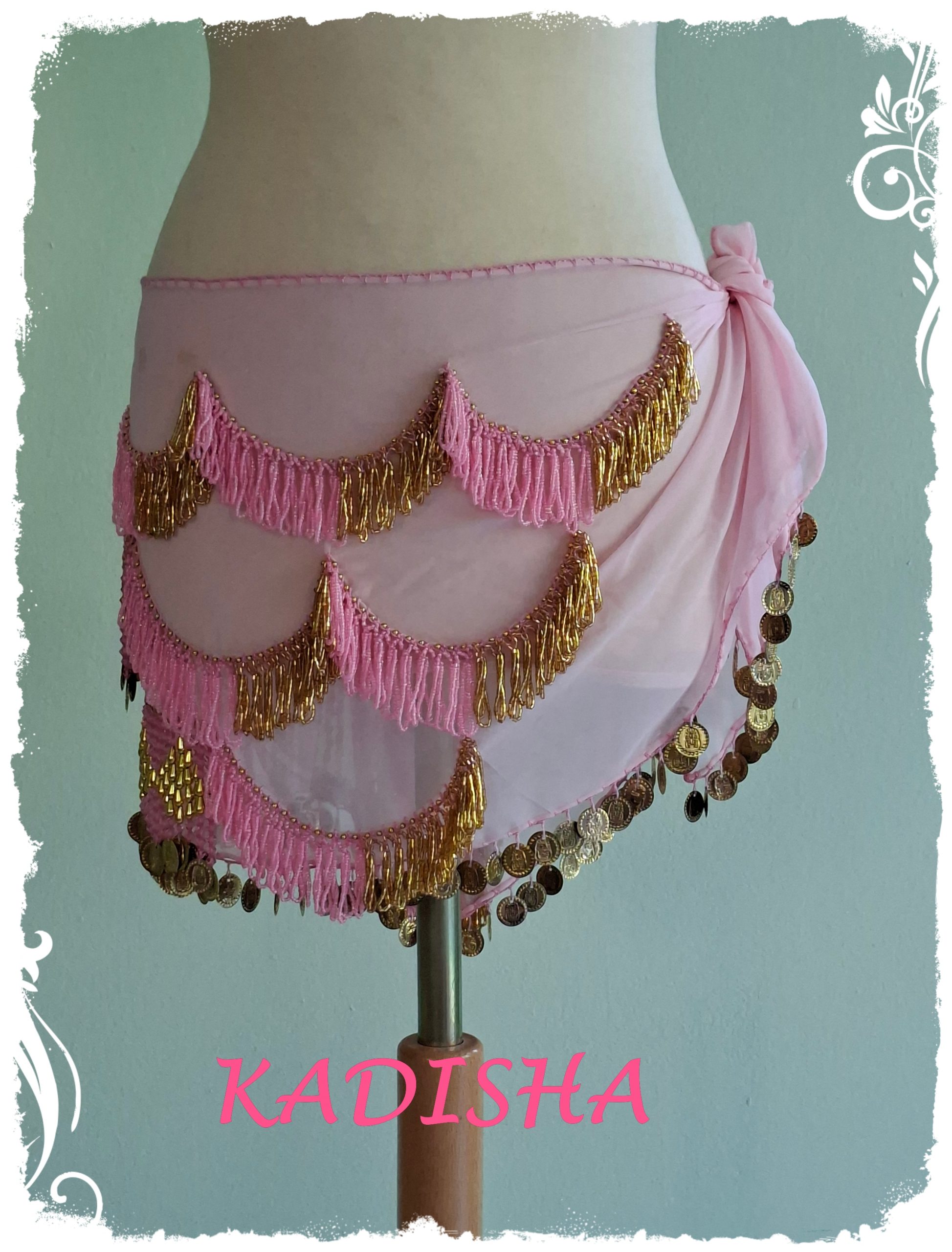 Hüfttuch in zartem rosa mit goldenen Perlen und Münzen, Größe M