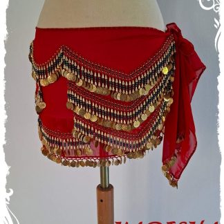 Hüfttuch aus Chiffon in rot mit goldenen Münzen und blau irisierenden Perlen, Größe L
