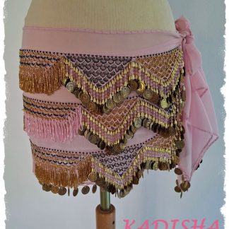 Hüfttuch in zartem rosa mit goldenen und rosa Perlen und goldenen Münzen, Größe M