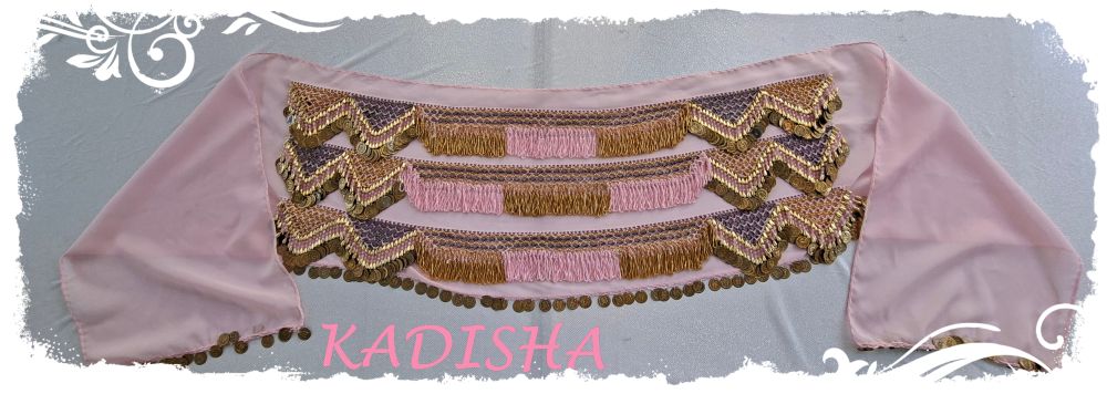Hüfttuch in zartem rosa mit goldenen und rosa Perlen und goldenen Münzen, Größe M – Bild 2