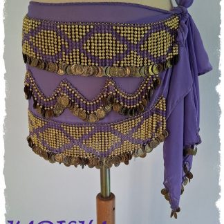 Hüfttuch aus Chiffon in flieder, mit goldenen und fliederfarbenen Perlen und goldenen Münzen, Größe M