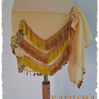 Hüfttuch aus Chiffon in hellem gelb mit goldenen Münzen und gelben Perlen, Größe XL