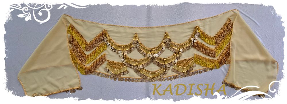 Hüfttuch aus Chiffon in hellem gelb mit goldenen Münzen und gelben Perlen, Größe XL – Bild 2
