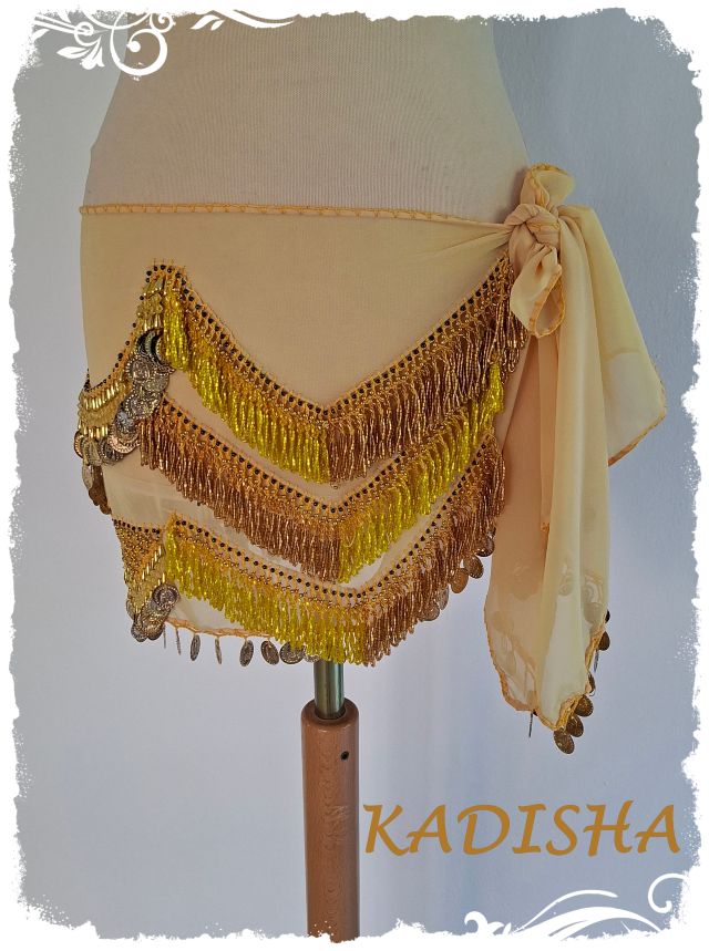 Hüfttuch aus Chiffon in hellem gelb mit goldenen Münzen und gelben Perlen, Größe XL