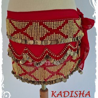 Hüfttuch aus Chiffon in rot mit goldenen Münzen und roten Perlen, Größe M