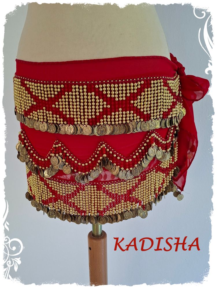 Hüfttuch aus Chiffon in rot mit goldenen Münzen und roten Perlen, Größe M