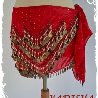 Hüfttuch in rot aus marmoriertem Chiffon mit goldenen Perlen und Münzen und irisierenden roten Perlen, Größe S