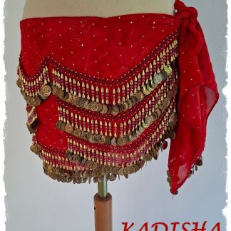 Hüfttuch in rot aus marmoriertem Chiffon mit goldenen Perlen und Münzen und irisierenden roten Perlen, Größe S
