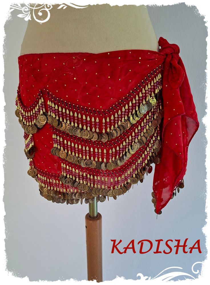 Hüfttuch in rot aus marmoriertem Chiffon mit goldenen Perlen und Münzen und irisierenden roten Perlen, Größe S