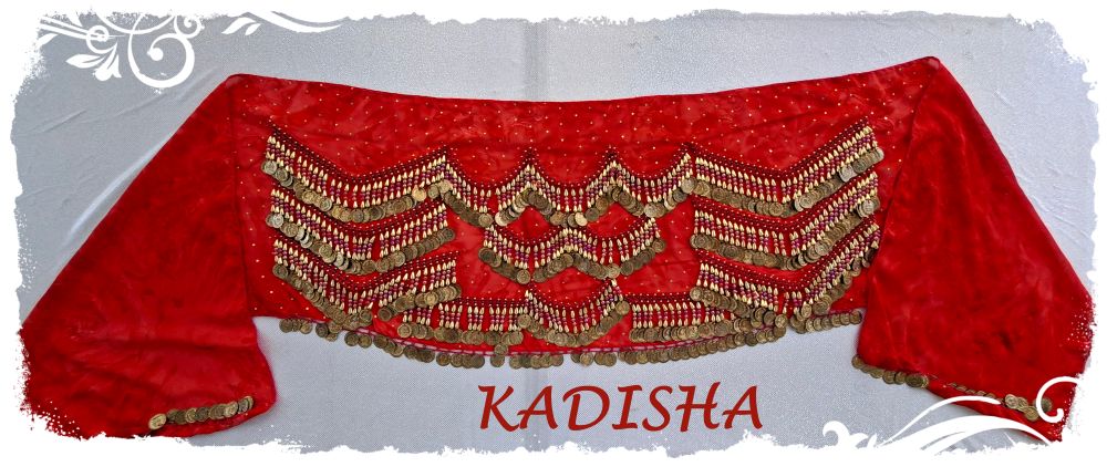 Hüfttuch in rot aus marmoriertem Chiffon mit goldenen Perlen und Münzen und irisierenden roten Perlen, Größe S – Bild 2