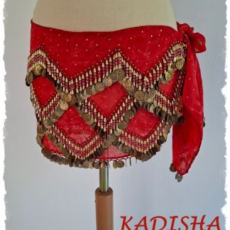 Hüfttuch in rot aus marmoriertem Chiffon mit goldenen Perlen und Münzen und irisierenden roten Perlen, Größe S / M