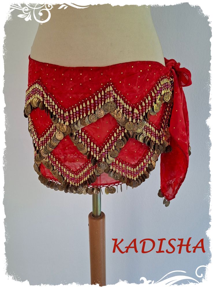 Hüfttuch in rot aus marmoriertem Chiffon mit goldenen Perlen und Münzen und irisierenden roten Perlen, Größe S / M