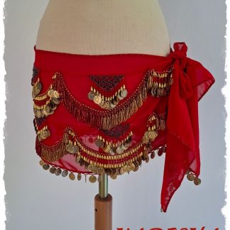 Hüfttuch aus Chiffon in rot mit goldenen, roten und blau irisierenden Perlen und goldenen Münzen, Größe L