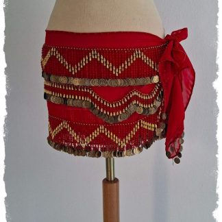 Hüfttuch aus Chiffon in rot mit goldenen Münzen und roten Perlen, Größe M