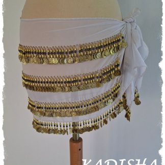 Hüfttuch weiß aus Chiffon mit goldenen Münzen und blau irisierenden Perlen, Größe S