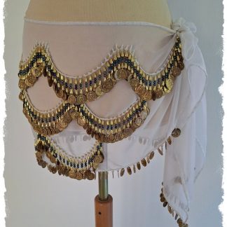 Hüfttuch weiß aus Chiffon mit goldenen Münzen und blau irisierenden Perlen, Größe M