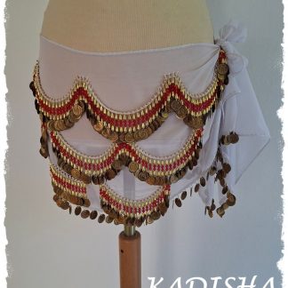 Hüfttuch weiß aus Chiffon mit goldenen Münzen und roten Perlen, Größe XL
