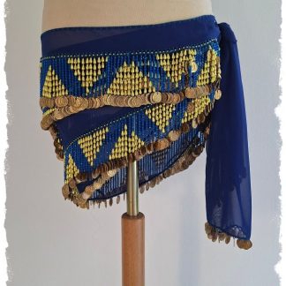 Hüfttuch aus Chiffon in dunkelblau, mit goldenen und blauen Perlen und goldenen Münzen, Größe XL