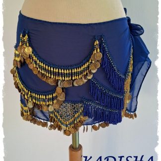Hüfttuch aus Chiffon in dunkelblau, mit goldenen und blau irisierenden Perlen und goldenen Münzen, Größe M