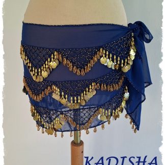 Hüfttuch aus Chiffon in dunkelblau, mit goldenen Perlen und Münzen, Größe S