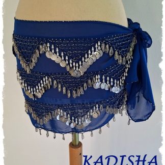 Hüfttuch aus Chiffon in dunkelblau, mit silbernen Perlen und Münzen, Größe S