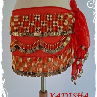 Hüfttuch orange aus Chiffon mit goldenen Münzen, orangen und goldenen Perlen, Größe M