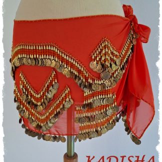 Hüfttuch orange aus Chiffon mit goldenen Münzen, orangen und goldenen Perlen, Größe M