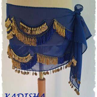Hüfttuch aus Chiffon in dunkelblau, mit goldenen und blau irisierenden Perlen und goldenen Münzen, Größe M