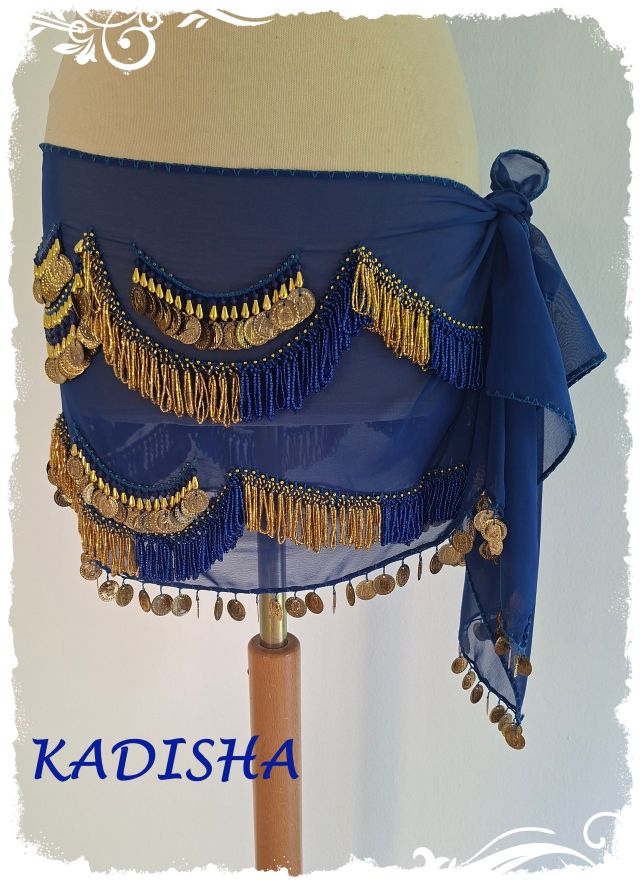 Hüfttuch aus Chiffon in dunkelblau, mit goldenen und blau irisierenden Perlen und goldenen Münzen, Größe M
