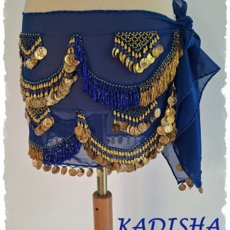 Hüfttuch aus Chiffon in dunkelblau, mit goldenen und blau irisierenden Perlen und goldenen Münzen, Größe M