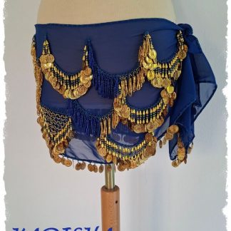 Hüfttuch aus Chiffon in dunkelblau, mit goldenen und blau irisierenden Perlen und goldenen Münzen, Größe M