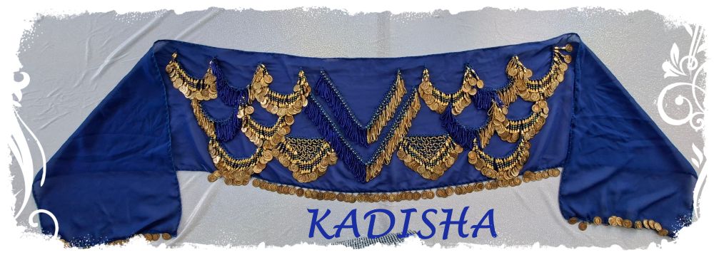 Hüfttuch aus Chiffon in dunkelblau, mit goldenen und blau irisierenden Perlen und goldenen Münzen, Größe M – Bild 2
