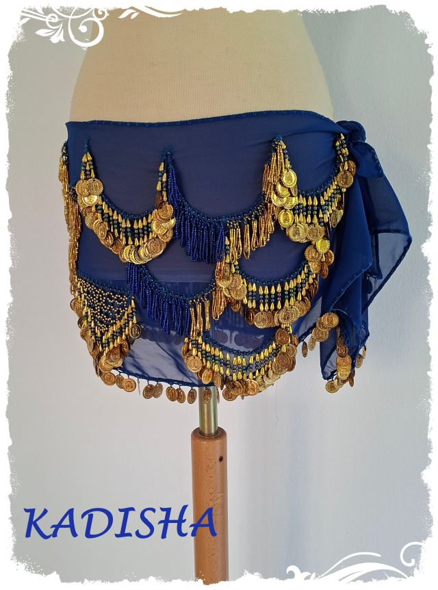 Hüfttuch aus Chiffon in dunkelblau, mit goldenen und blau irisierenden Perlen und goldenen Münzen, Größe M