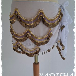 Hüfttuch weiß aus Chiffon mit goldenen Münzen und fliederfarbenen Perlen, Größe XL