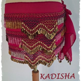 Hüfttuch in dunklem pink oder fuchsia mit goldenen Münzen und verschiedenen farbigen Perlen, Größe XL