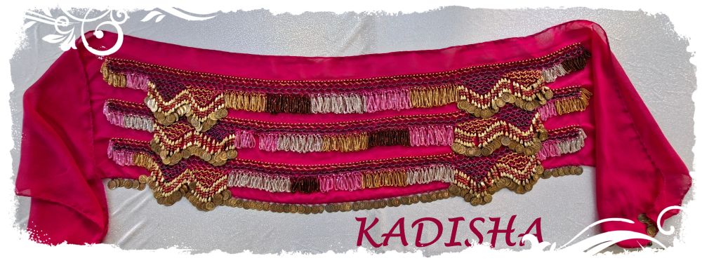 Hüfttuch in dunklem pink oder fuchsia mit goldenen Münzen und verschiedenen farbigen Perlen, Größe XL – Bild 2