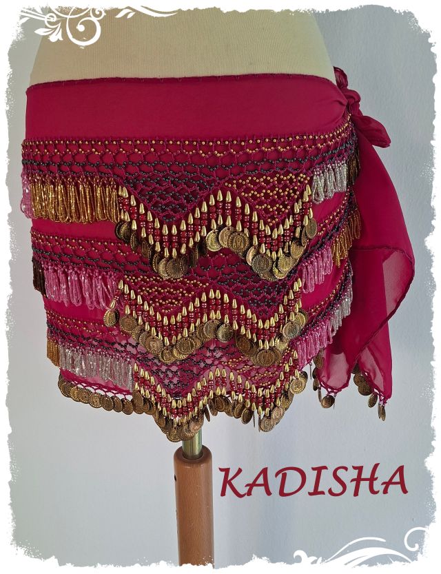 Hüfttuch in dunklem pink oder fuchsia mit goldenen Münzen und verschiedenen farbigen Perlen, Größe XL