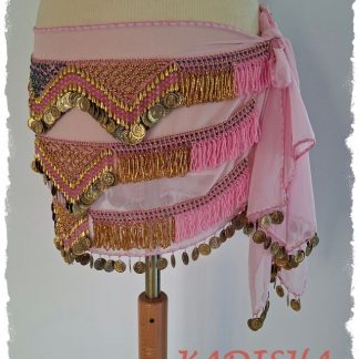 Hüfttuch in zartem rosa mit goldenen, rosa und blau irisierenden Perlen und goldenen Münzen, Größe L