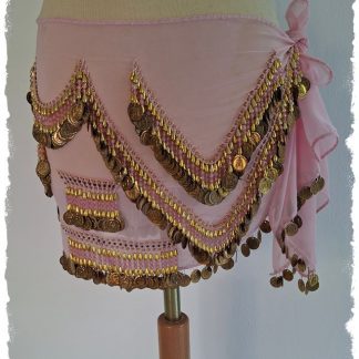 Hüfttuch in zartem rosa mit goldenen und rosa Perlen und goldenen Münzen, Größe XL