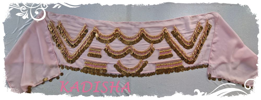 Hüfttuch in zartem rosa mit goldenen und rosa Perlen und goldenen Münzen, Größe XL – Bild 2