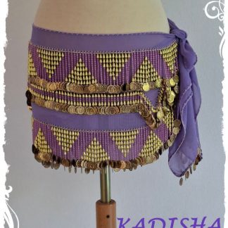 Hüfttuch aus Chiffon in flieder, mit goldenen und fliederfarbenen Perlen und goldenen Münzen, Größe XL
