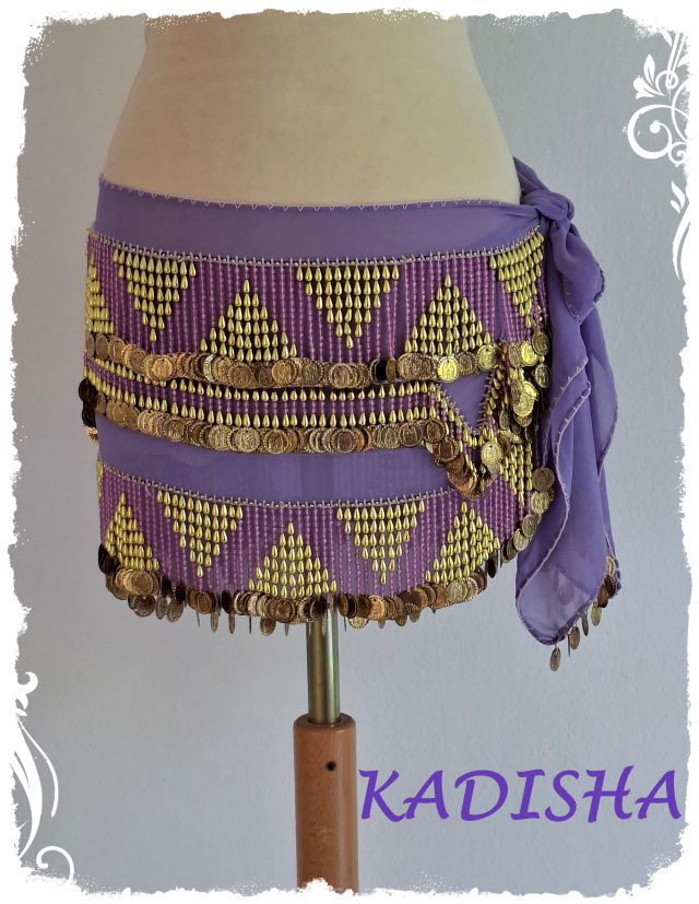 Hüfttuch aus Chiffon in flieder, mit goldenen und fliederfarbenen Perlen und goldenen Münzen, Größe XL