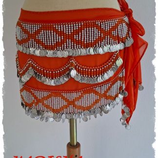 Hüfttuch orange aus Chiffon mit silbernen Münzen, orangen und silbernen Perlen, Größe M
