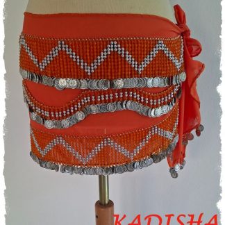 Hüfttuch orange aus Chiffon mit silbernen Münzen, orangen und silbernen Perlen, Größe M