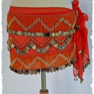 Hüfttuch orange aus Chiffon mit goldenen Münzen, orangen und goldenen Perlen, Größe S