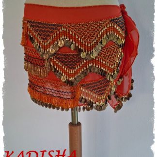 Hüfttuch orange aus Chiffon mit goldenen Münzen, orangen und goldenen Perlen, Größe XL