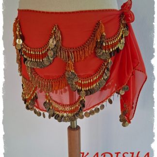 Hüfttuch orange aus Chiffon mit goldenen Münzen, orangen und goldenen Perlen, Größe L